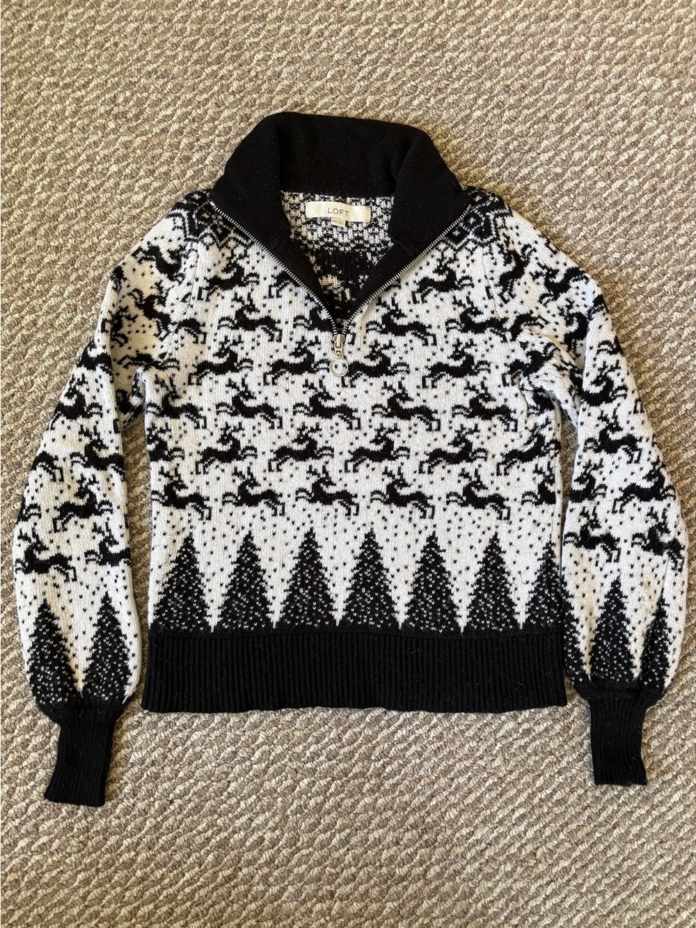 LOFT Reindeer Fair Isle Quarter Zip Sweater Black White Size XXS